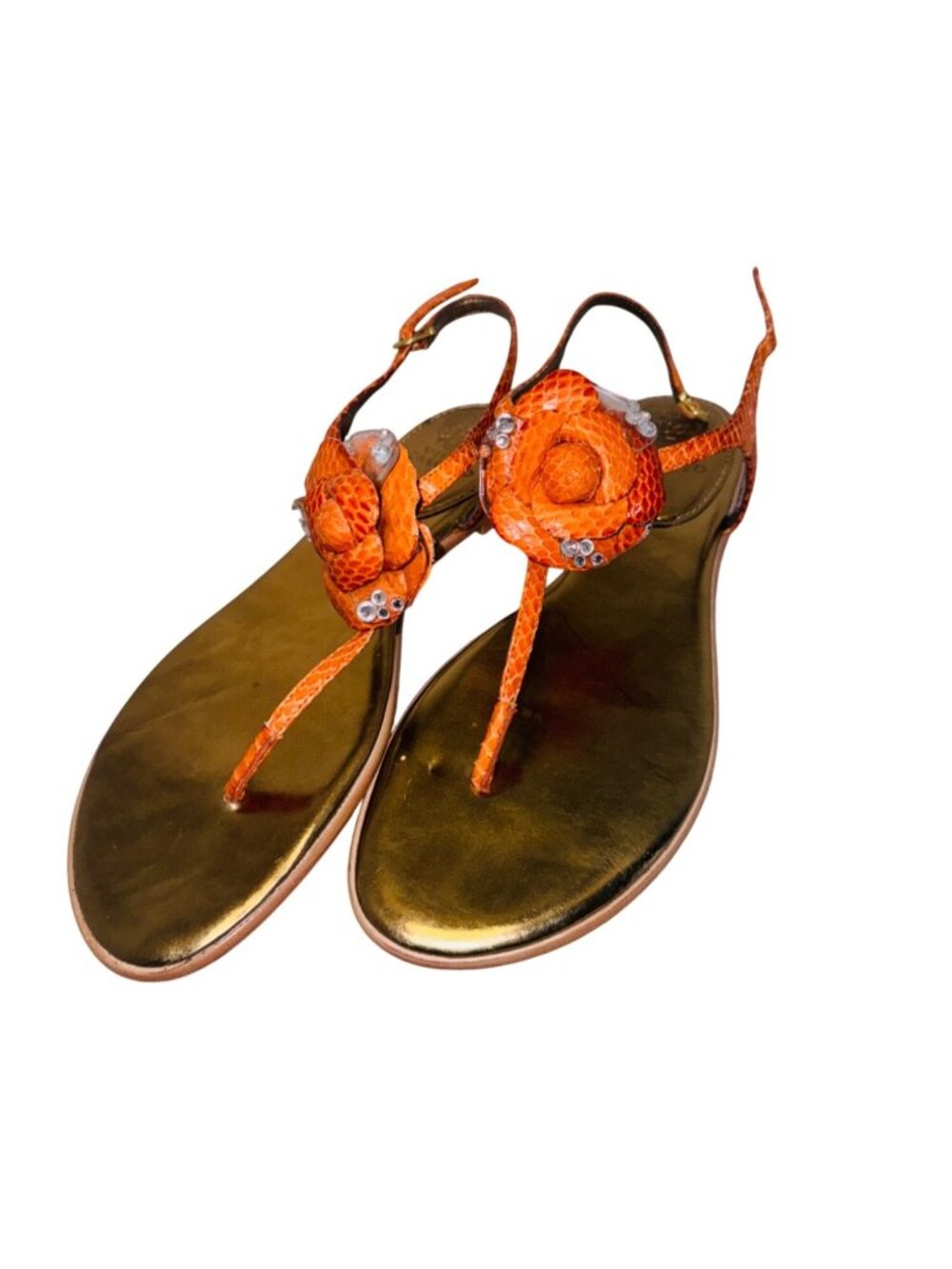Vince Camuto Orange Snake-Embossed Flat Sandal Women 9 Gold Leather Flower Accen - Picture 3 of 11